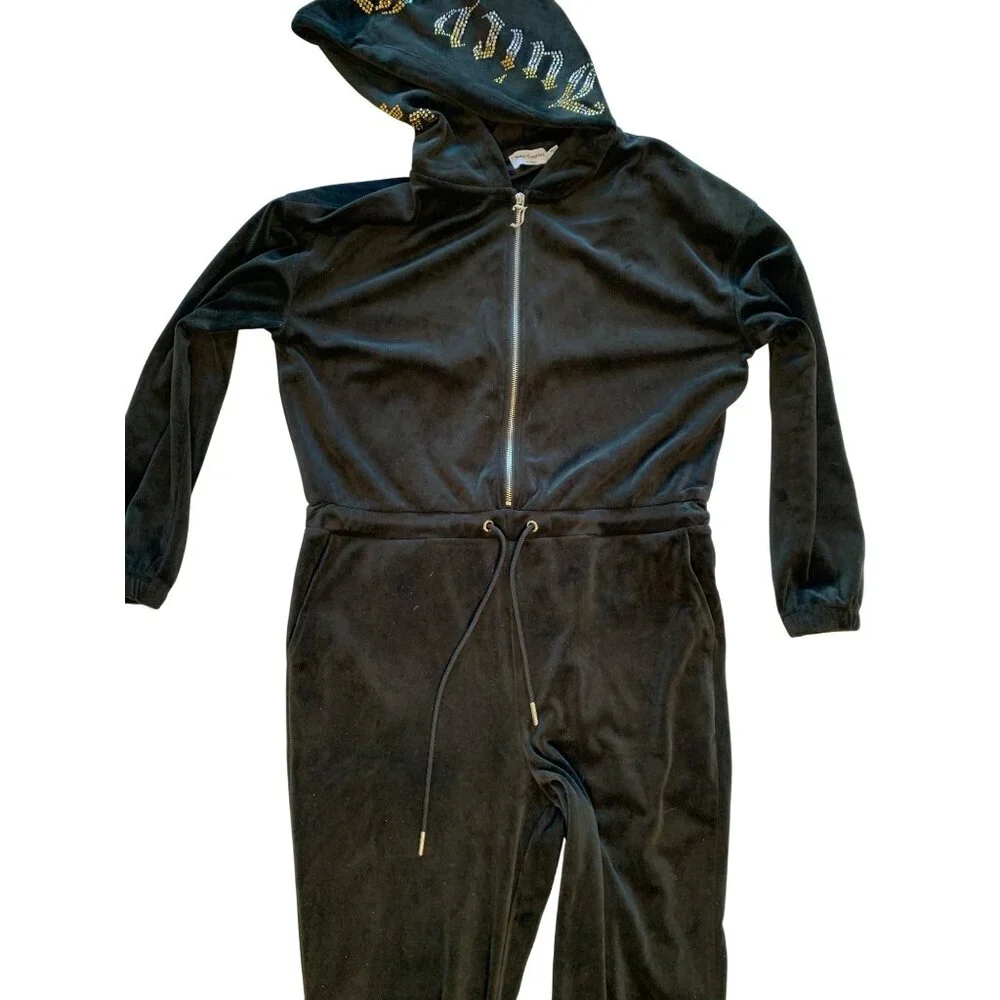 Juicy Couture L Black Velour Hooded Jumpsuit Drawstring Zipper Closure 8237 - Picture 12 of 13